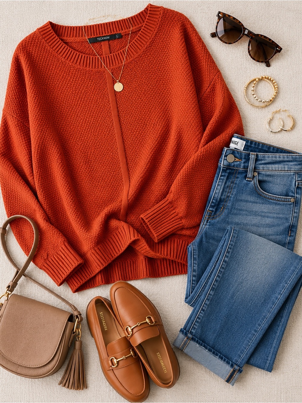 Burnt Orange Textured Knit Sweater Size Large | Cozy Oversized Pullover